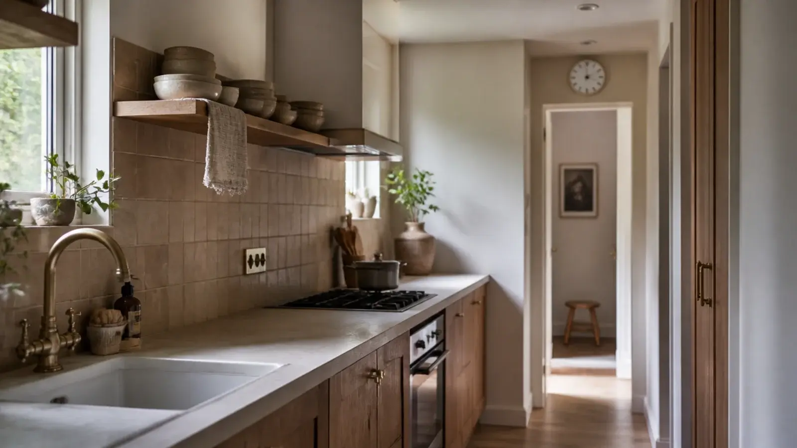kitchen clock hung above the doorway clear of the worktop