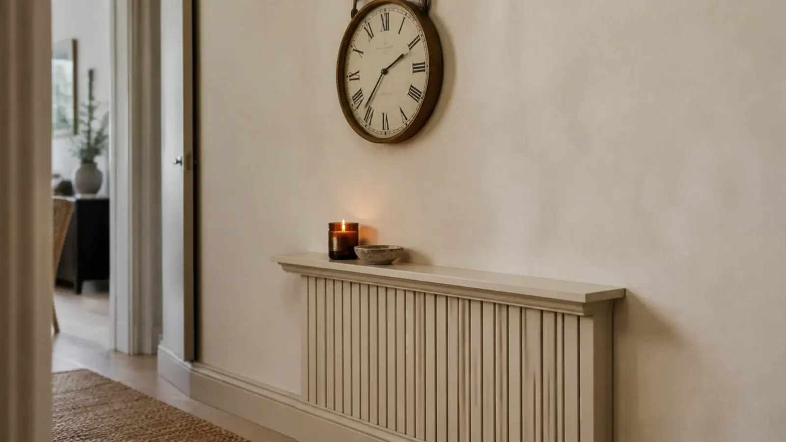 small clock hung above a slim radiator shelf in a hallway