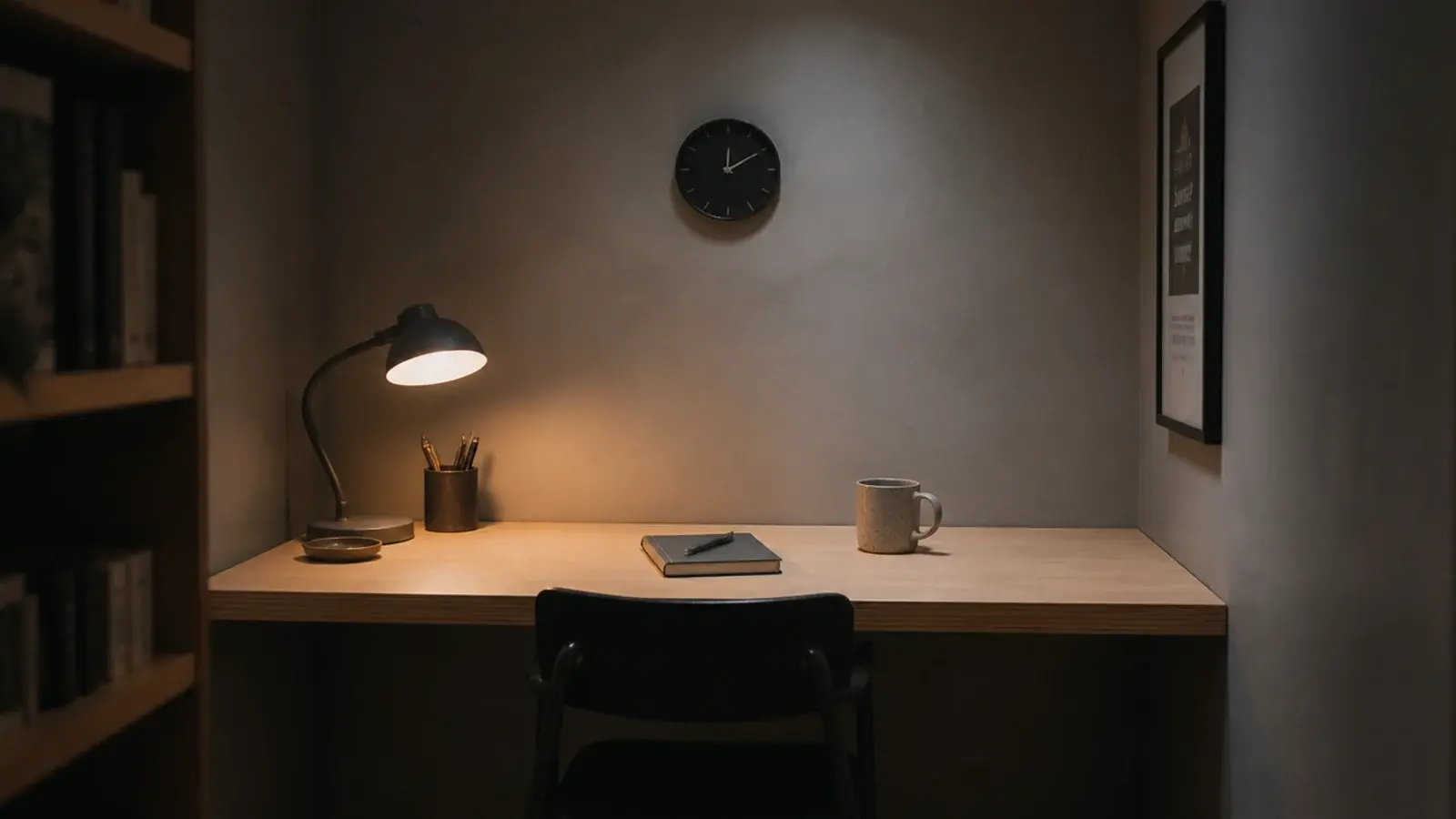 clock hung above a compact desk in a small home office