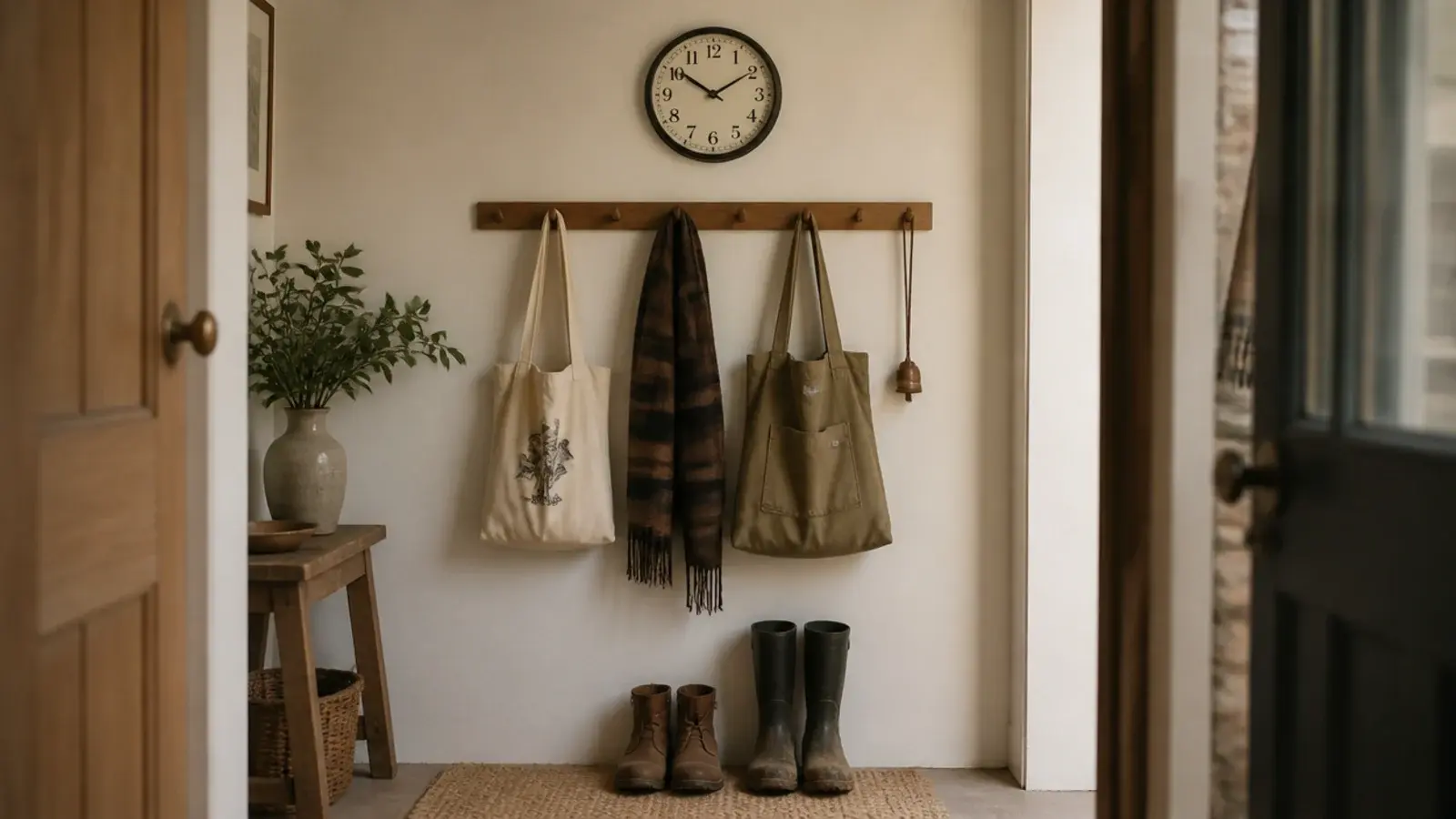 entry clock mounted above a rail of coat hooks and bags