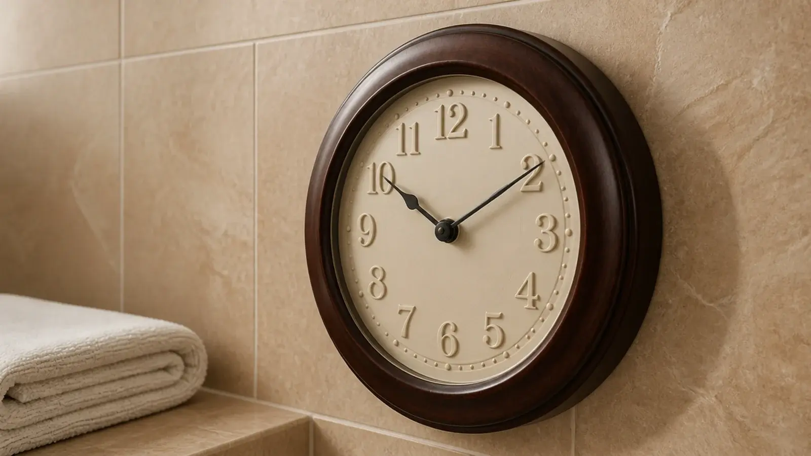 sealed timber clock on a tiled bathroom wall away from spray