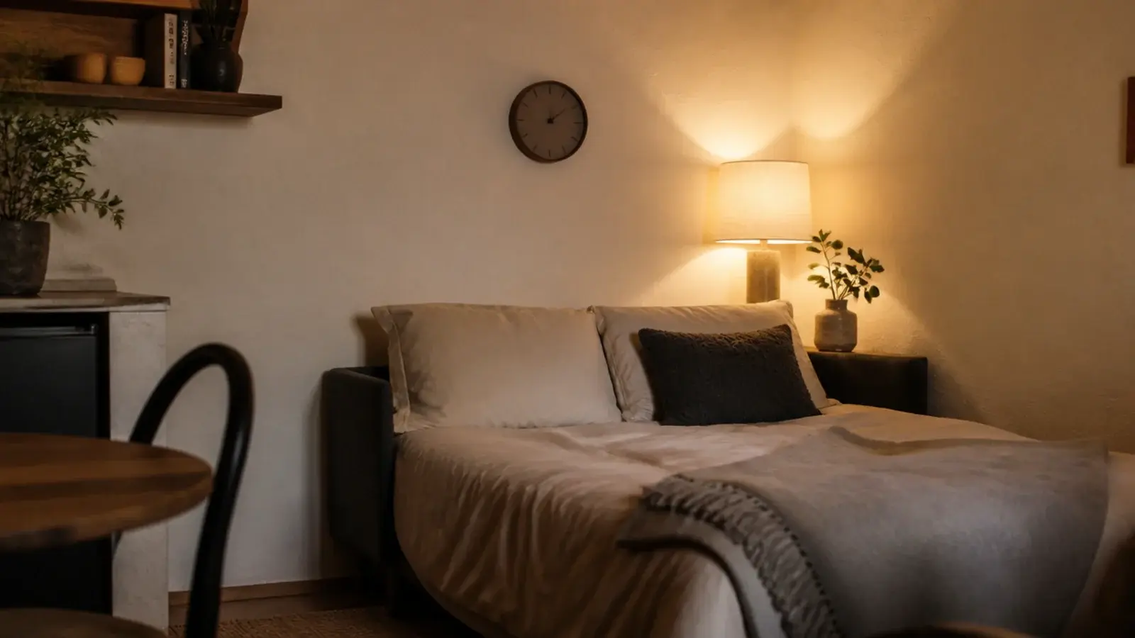 silent sweep clock above a sofa bed in a single room flat