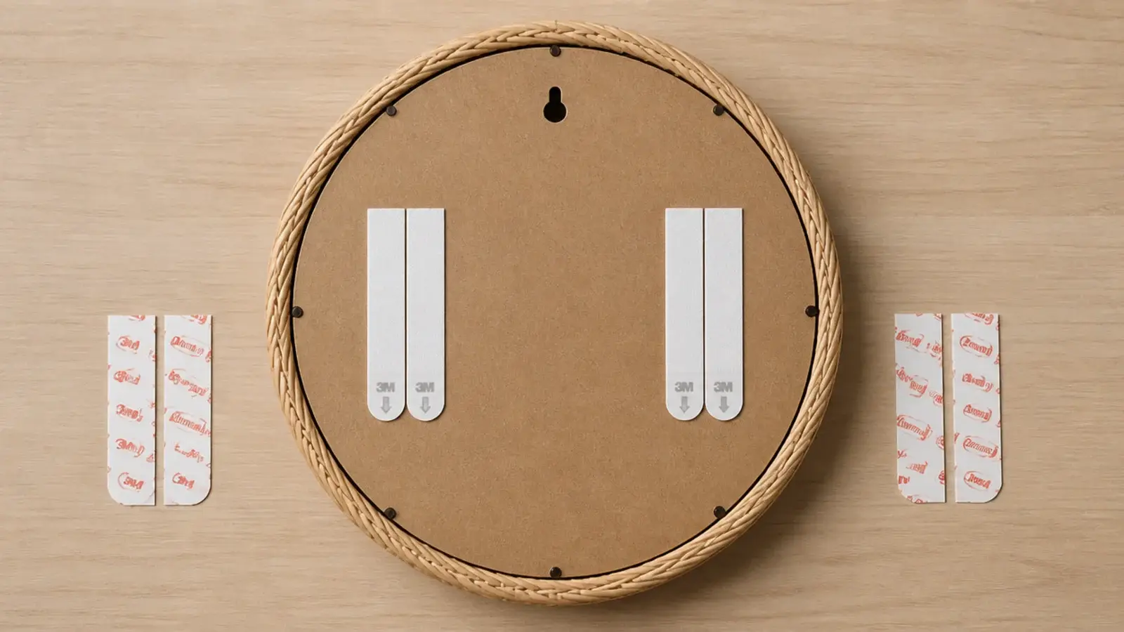 adhesive hanging strips pressed onto the back of a light clock