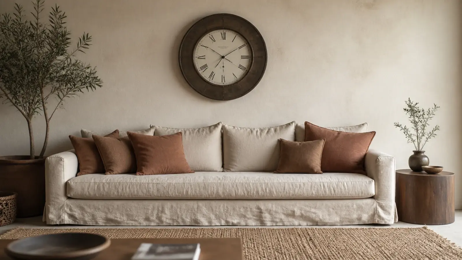 wall clock planned and hung centrally above a long linen sofa