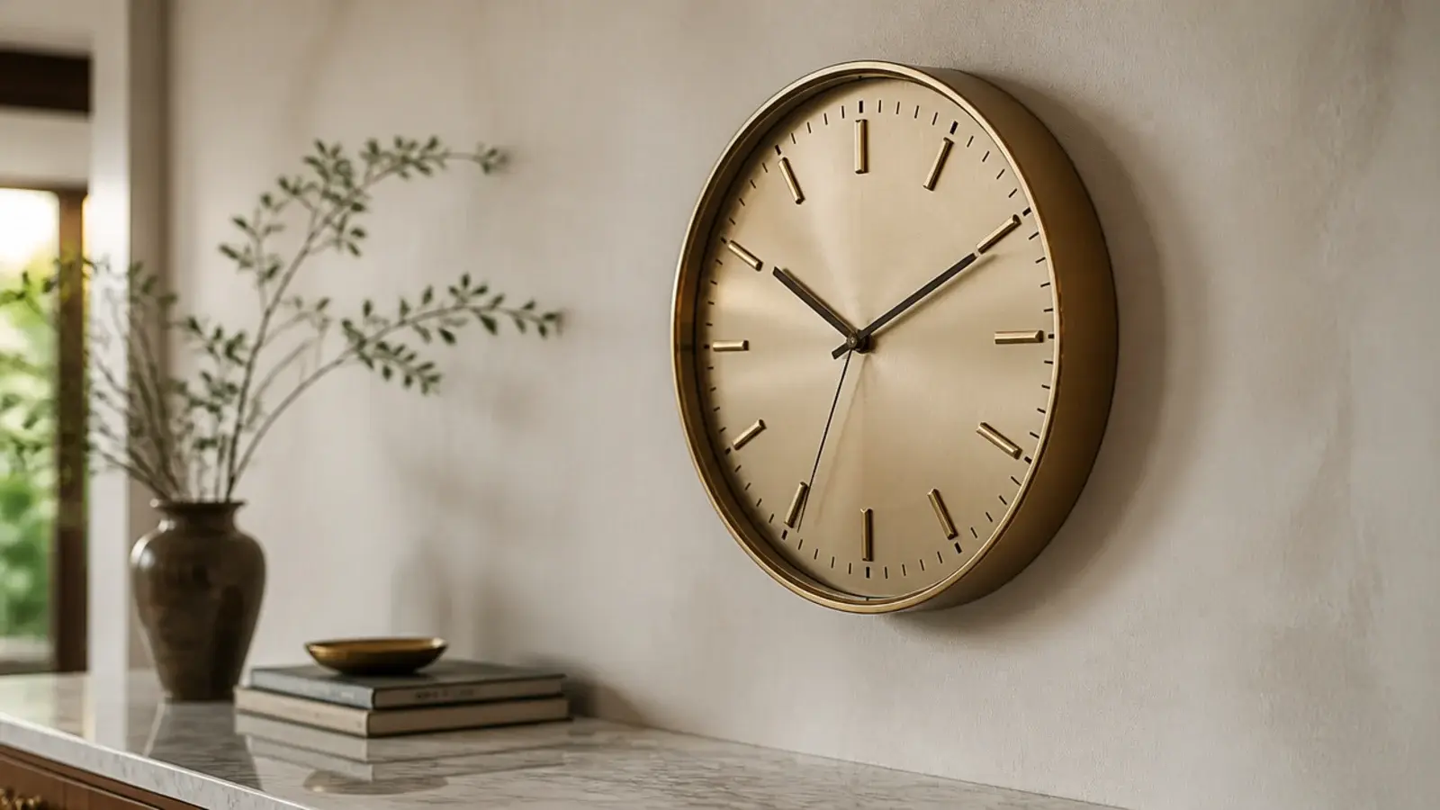 luxury wall clock in deep brass casting a shadow on pale plaster