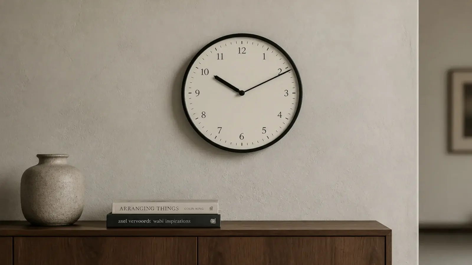 modern wall clock in slim black steel centred on pale plaster