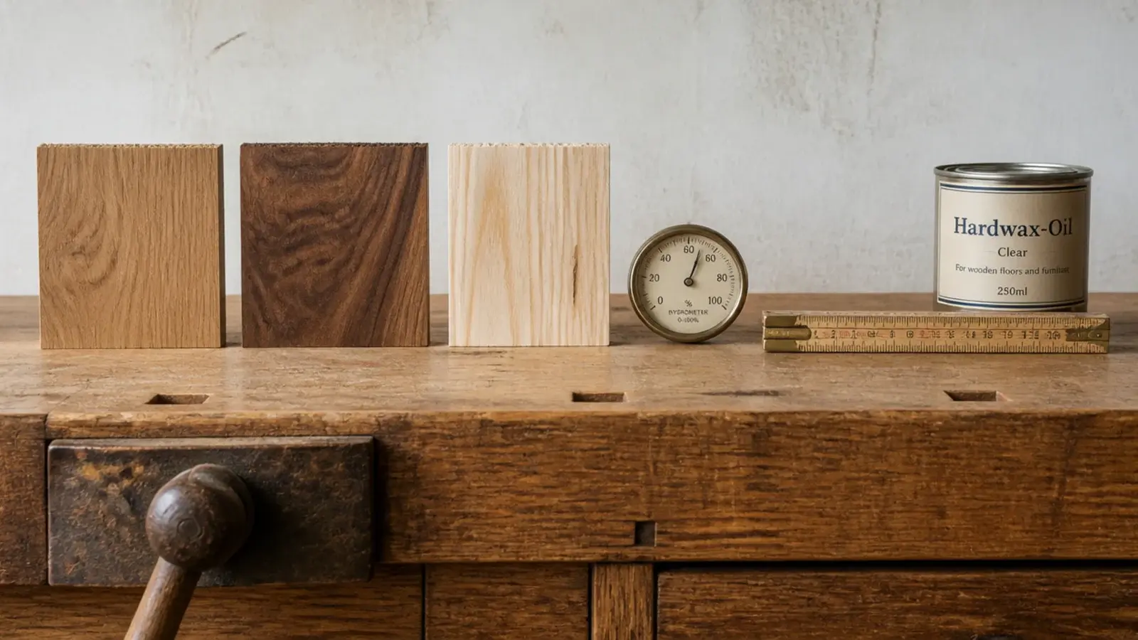 three timber samples laid out beside a hygrometer on a bench