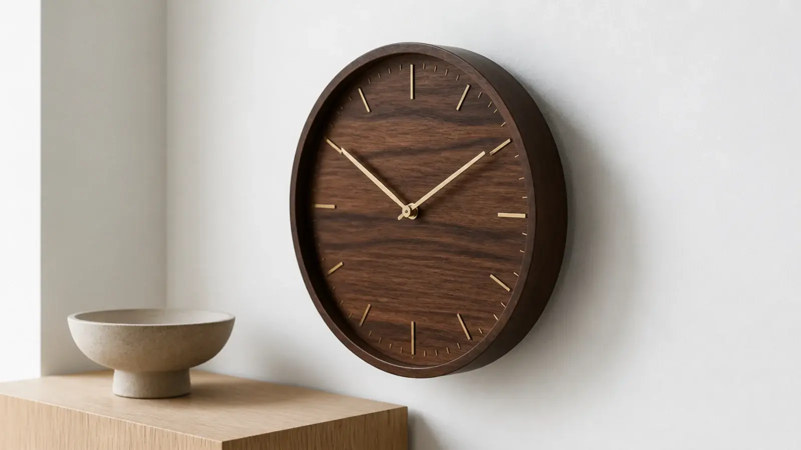 dark walnut clock case with fine chocolate grain and slim hands