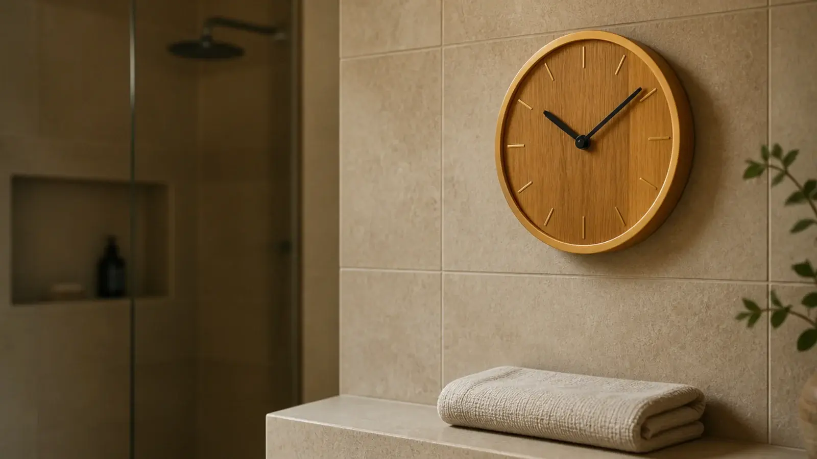 oily teak clock face mounted on a warm tiled bathroom wall