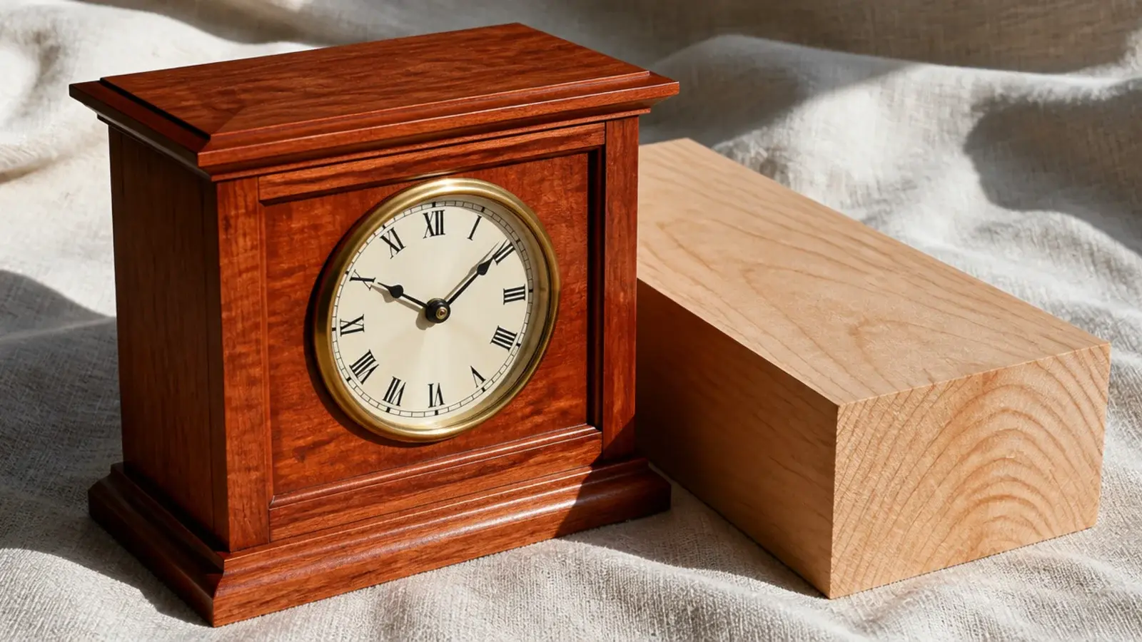 cherry clock case showing a rich reddish tone deepened by light