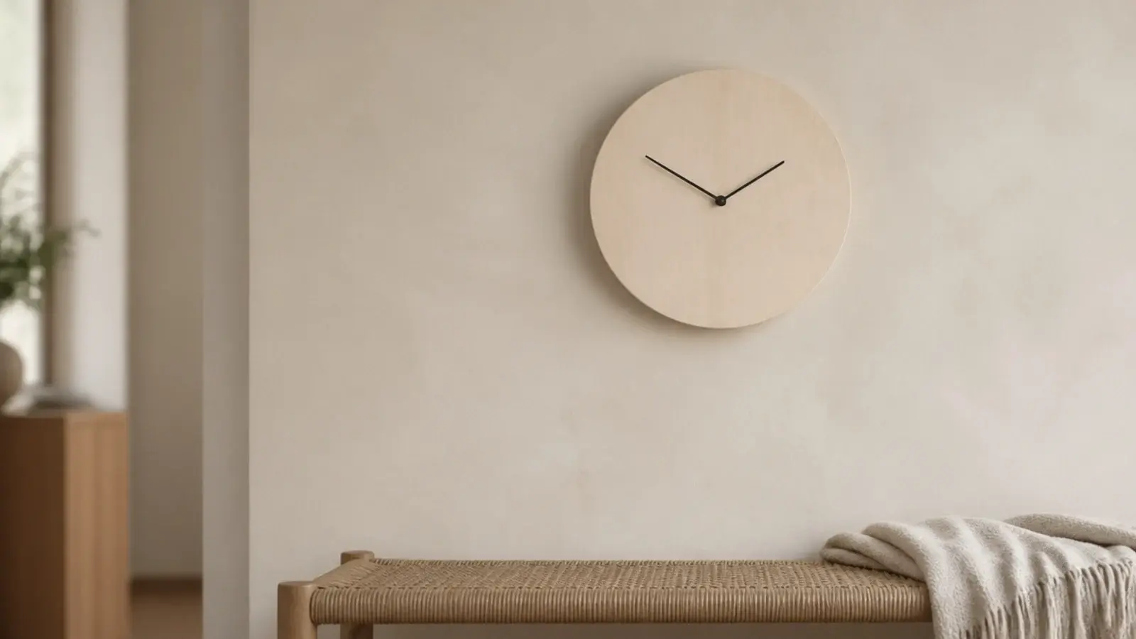 pale maple clock face almost white against a cream plaster wall