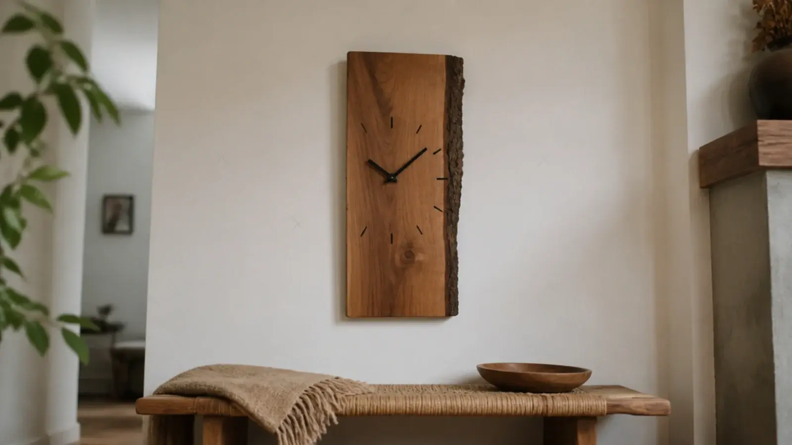 live edge timber slab clock with natural bark line down one side