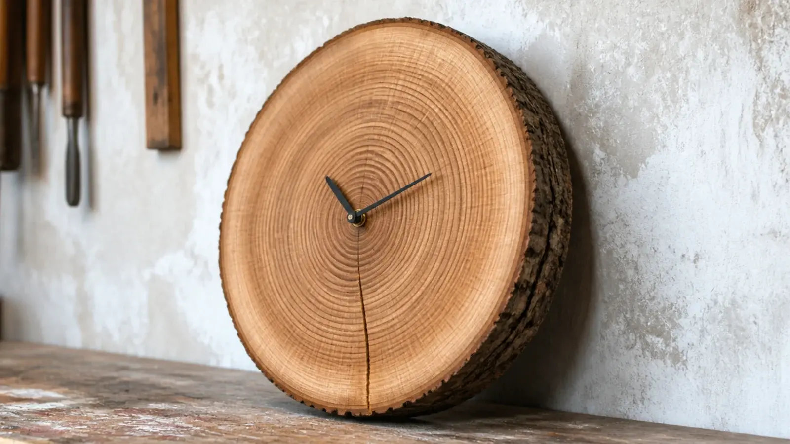 log slice clock face showing growth rings and a hairline check