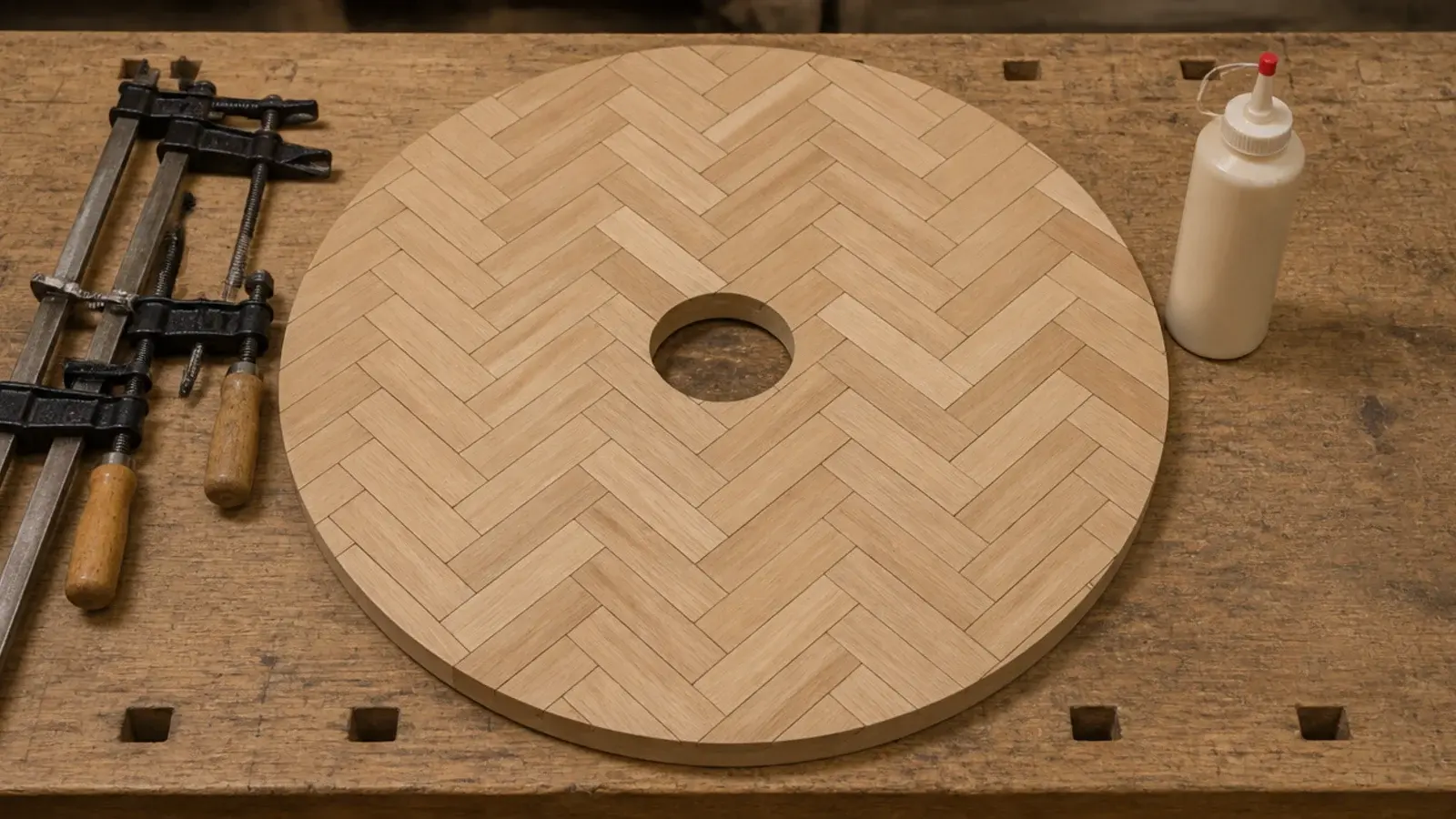 oak parquet blocks laid in herringbone across a circular clock