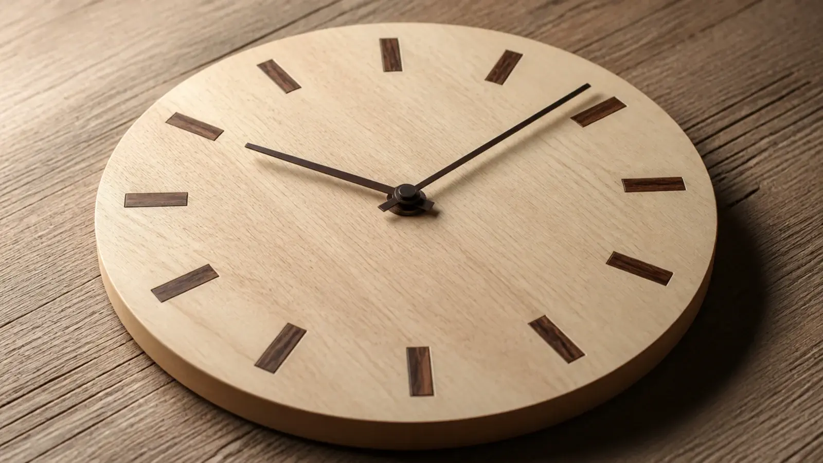 contrasting timber markers inlaid flush into a pale wooden dial