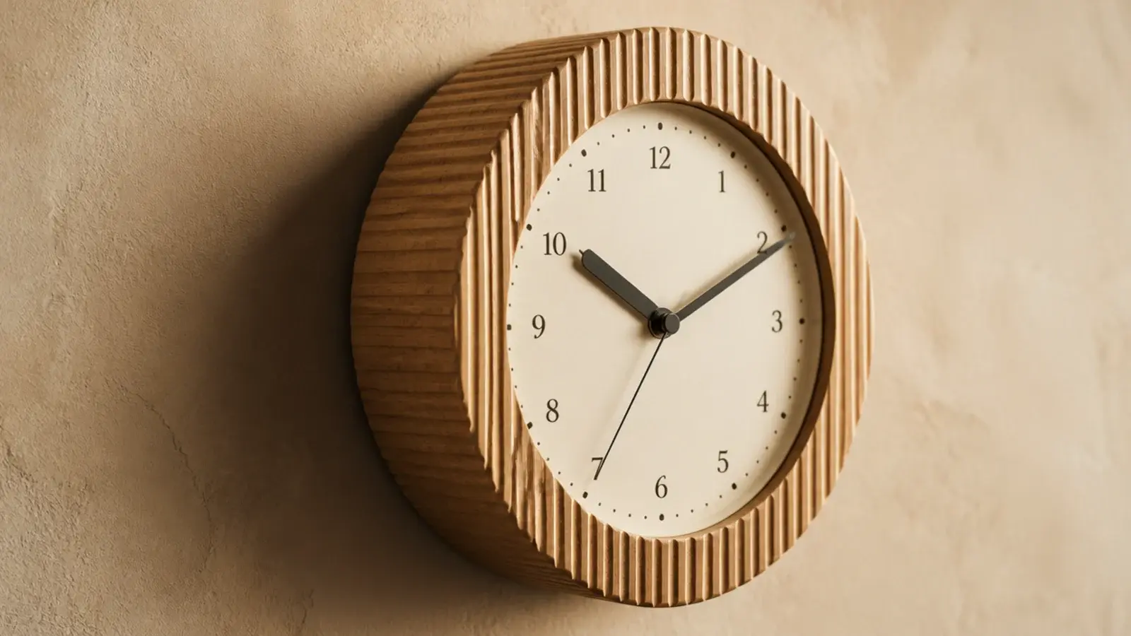 reeded oak clock case with fine grooves running around the rim