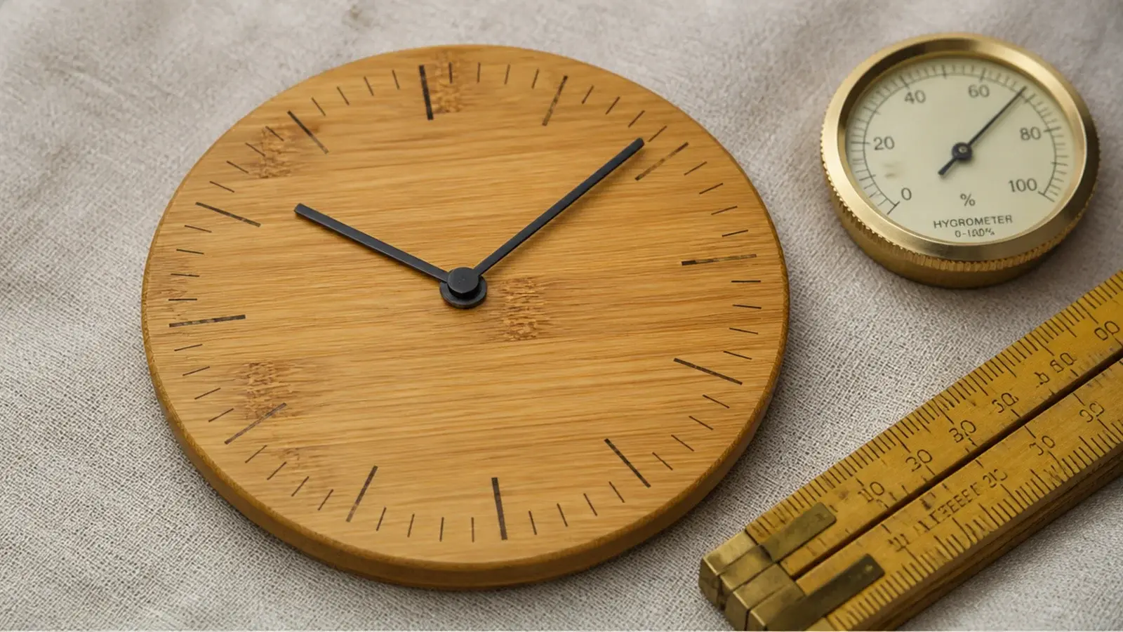 laminated bamboo clock face showing fine linear node markings