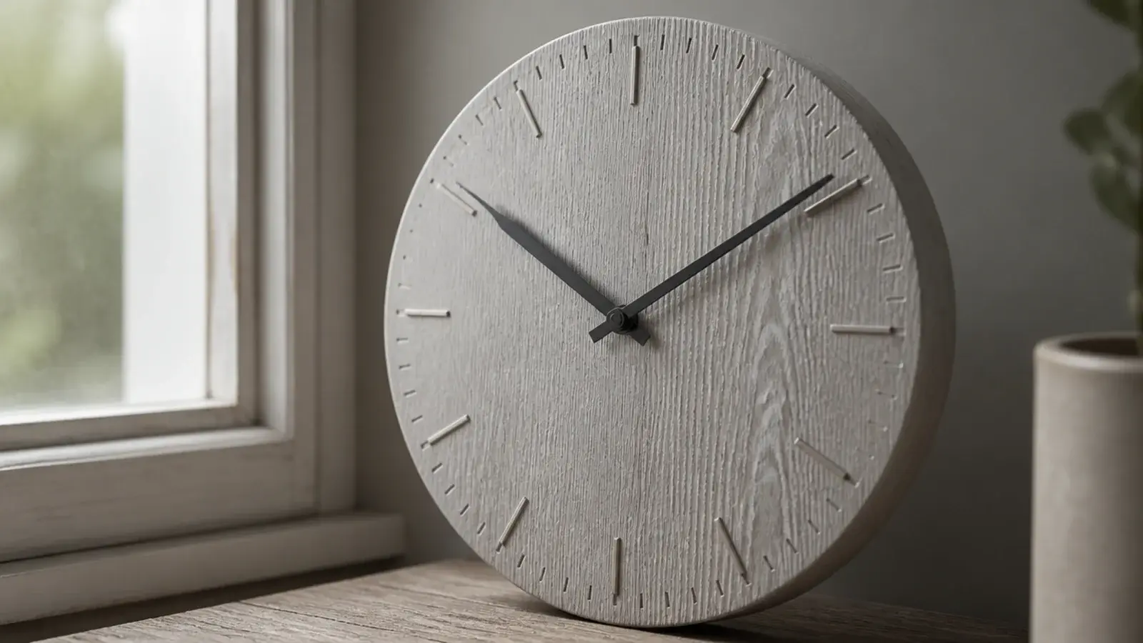 limed oak clock with white pigment sitting in the open grain