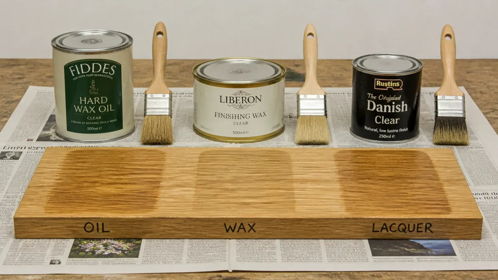 three finish samples brushed across one long oak test board