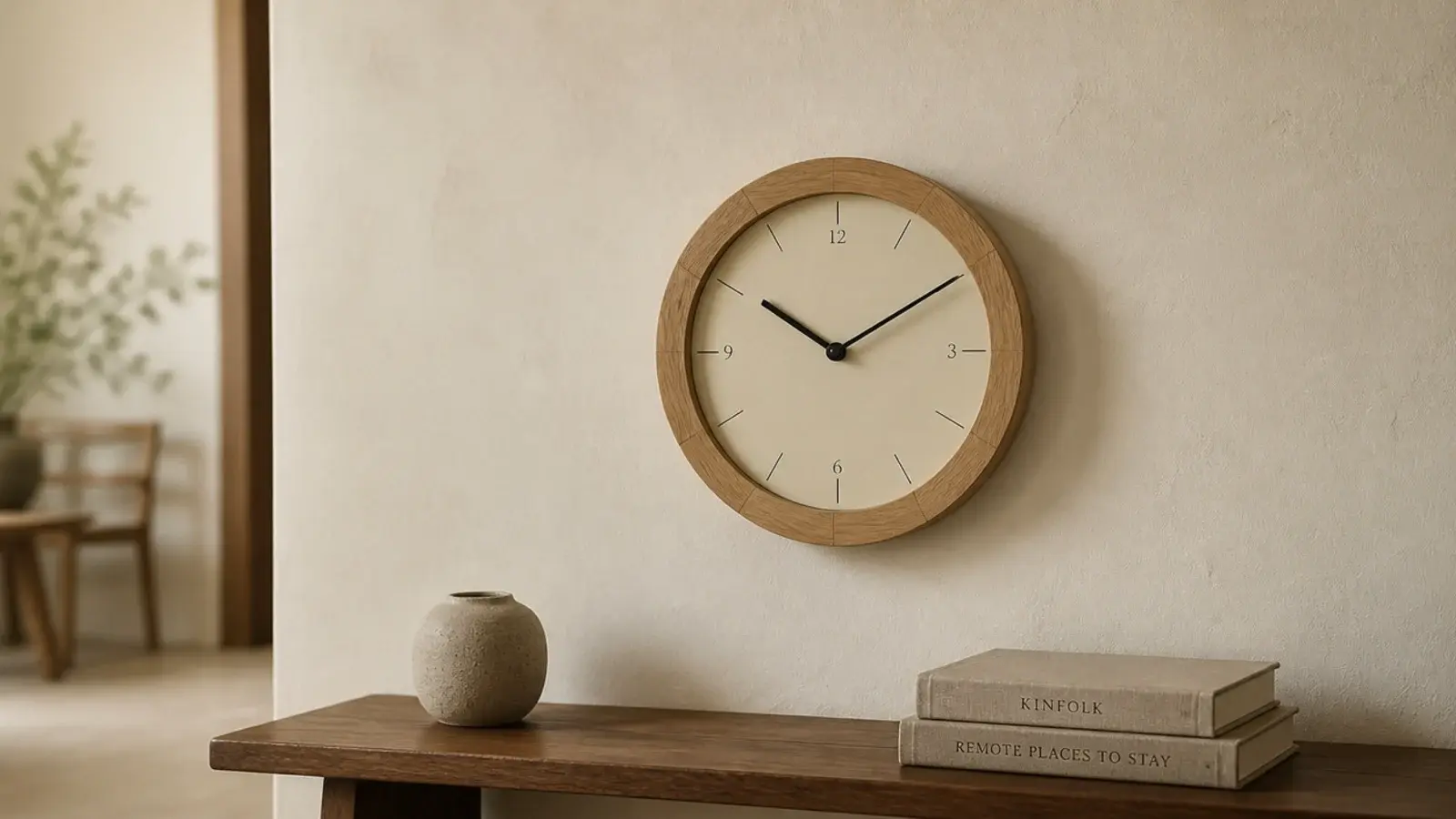 wood wall clock in warm oak with a mitred rim on pale plaster