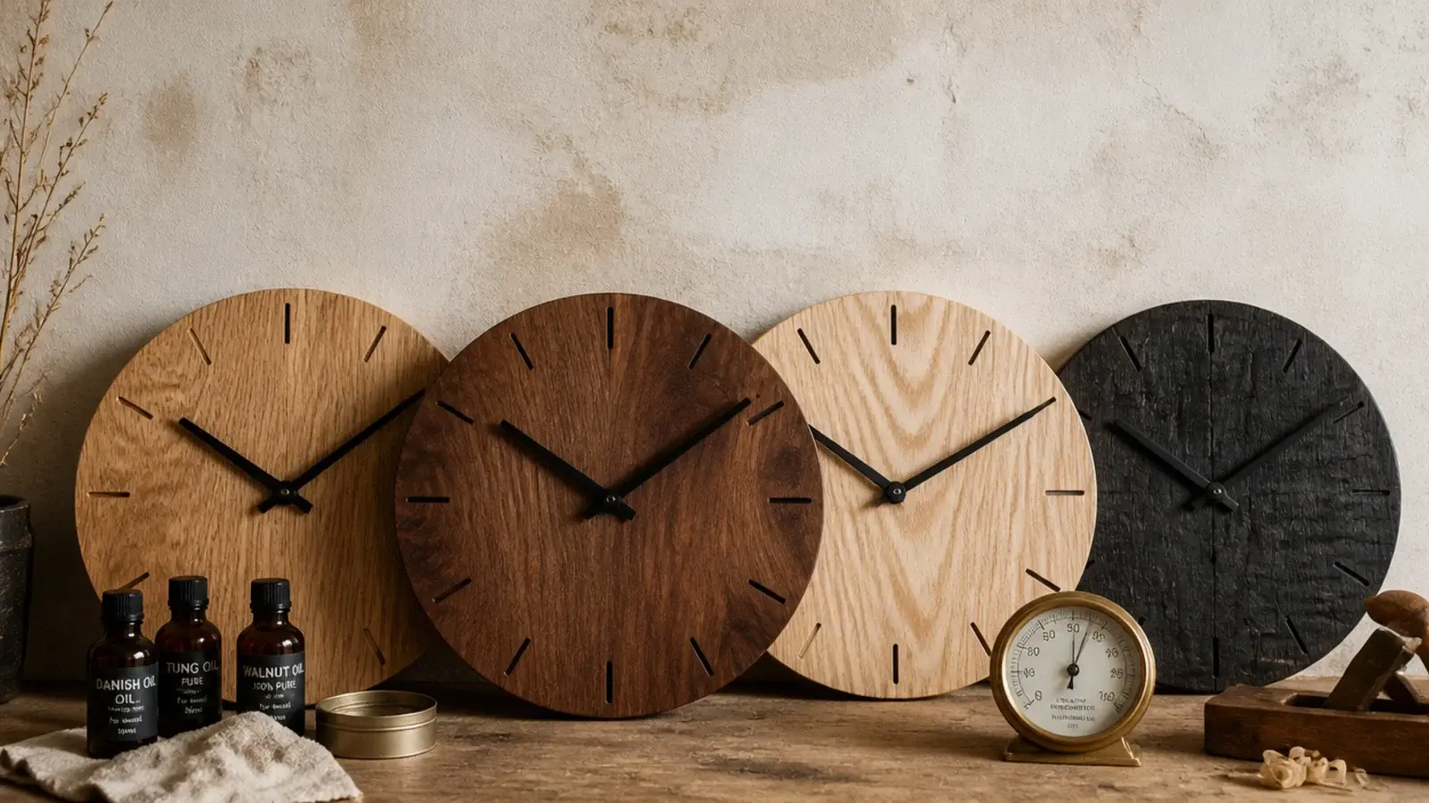 tall view of several wood wall clock styles leaning on a bench