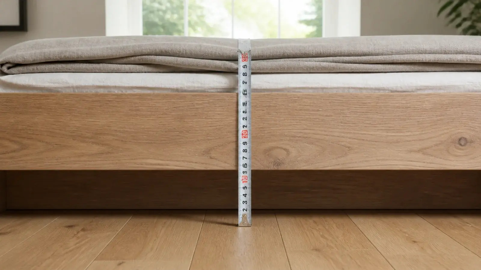 tape measure held from floorboards to the top of a low bed base