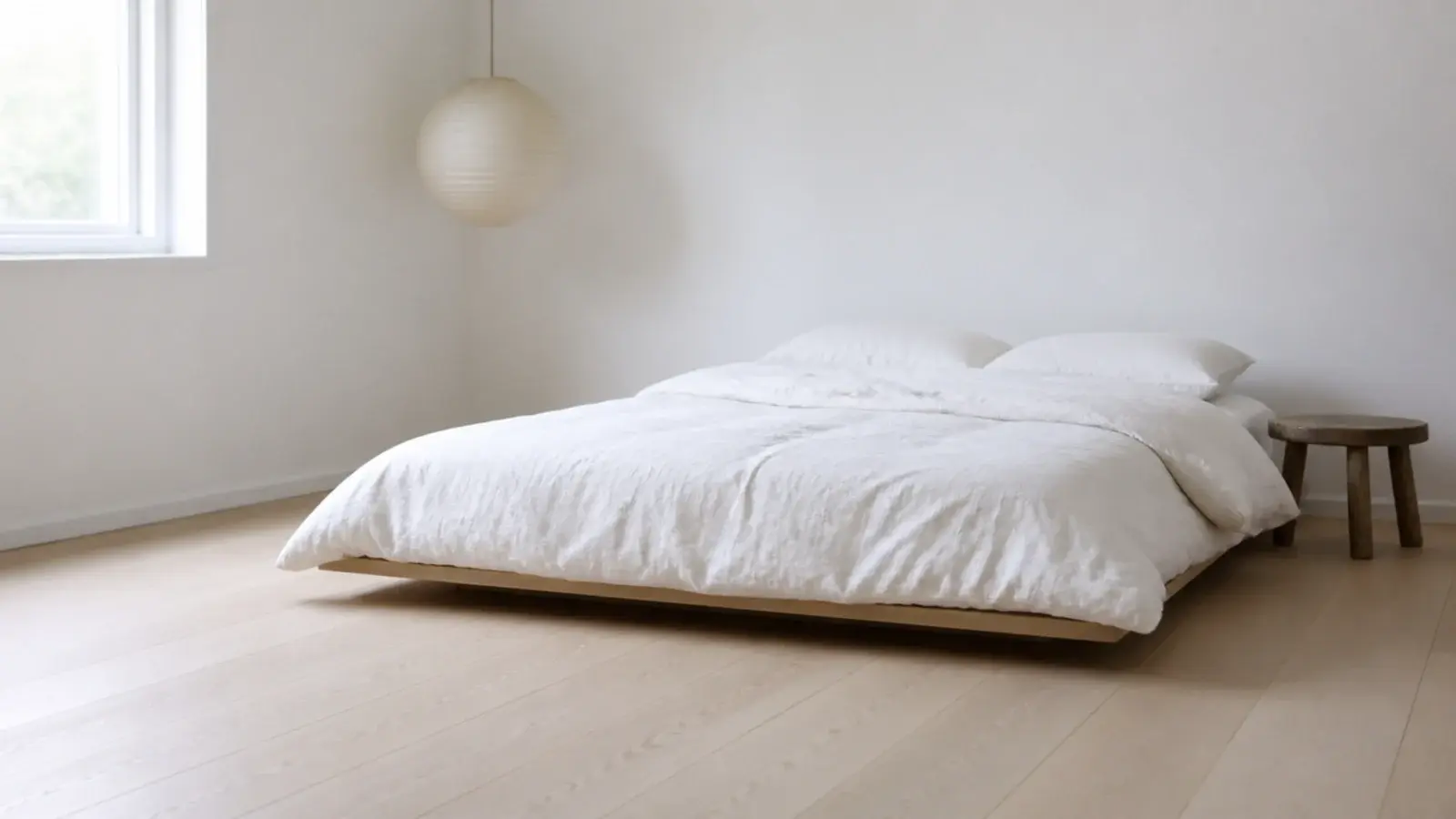 pale oak boards under a very low platform bed in a spare room