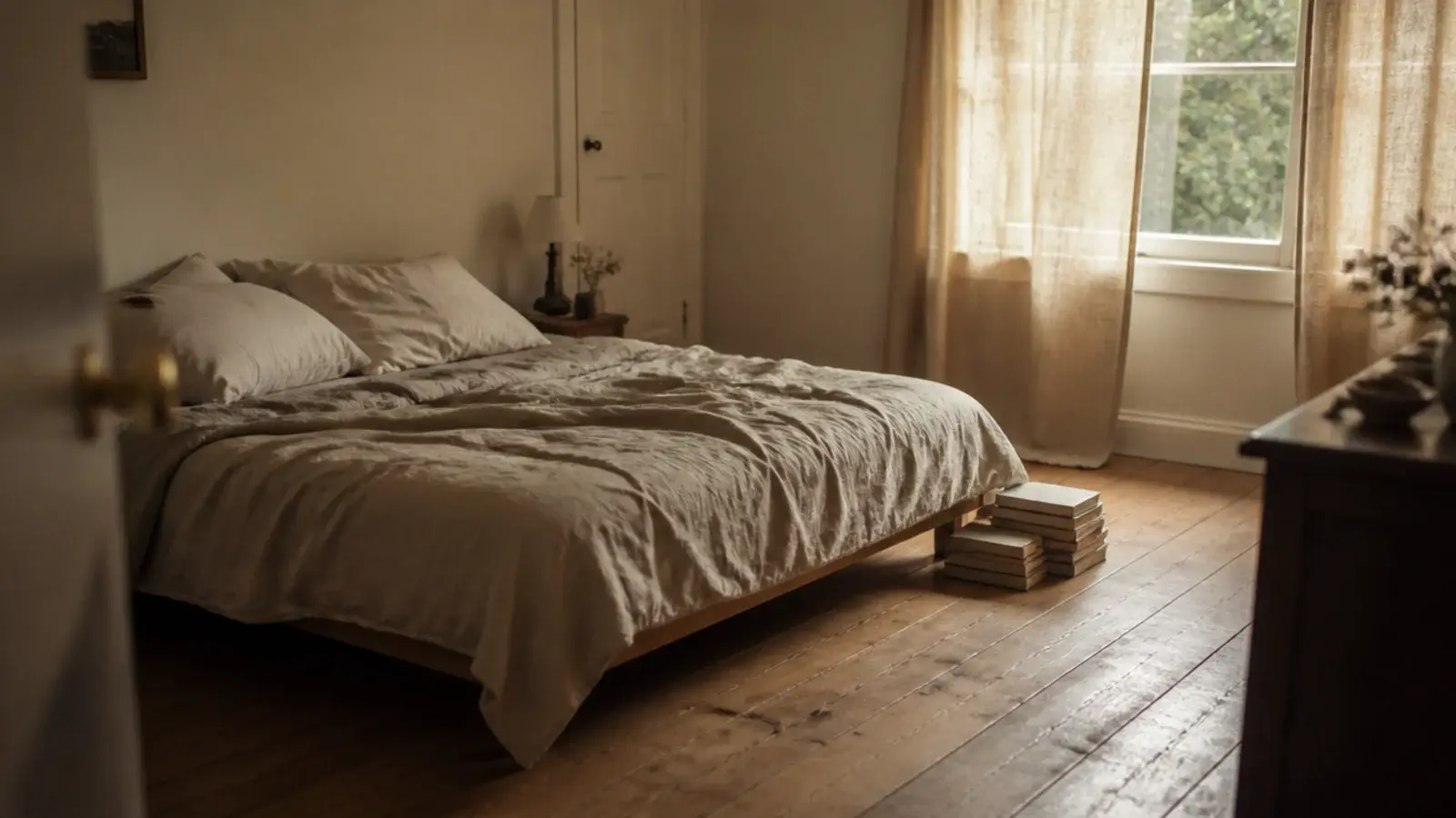 wide oak boards in a headboard free bedroom with rumpled linen