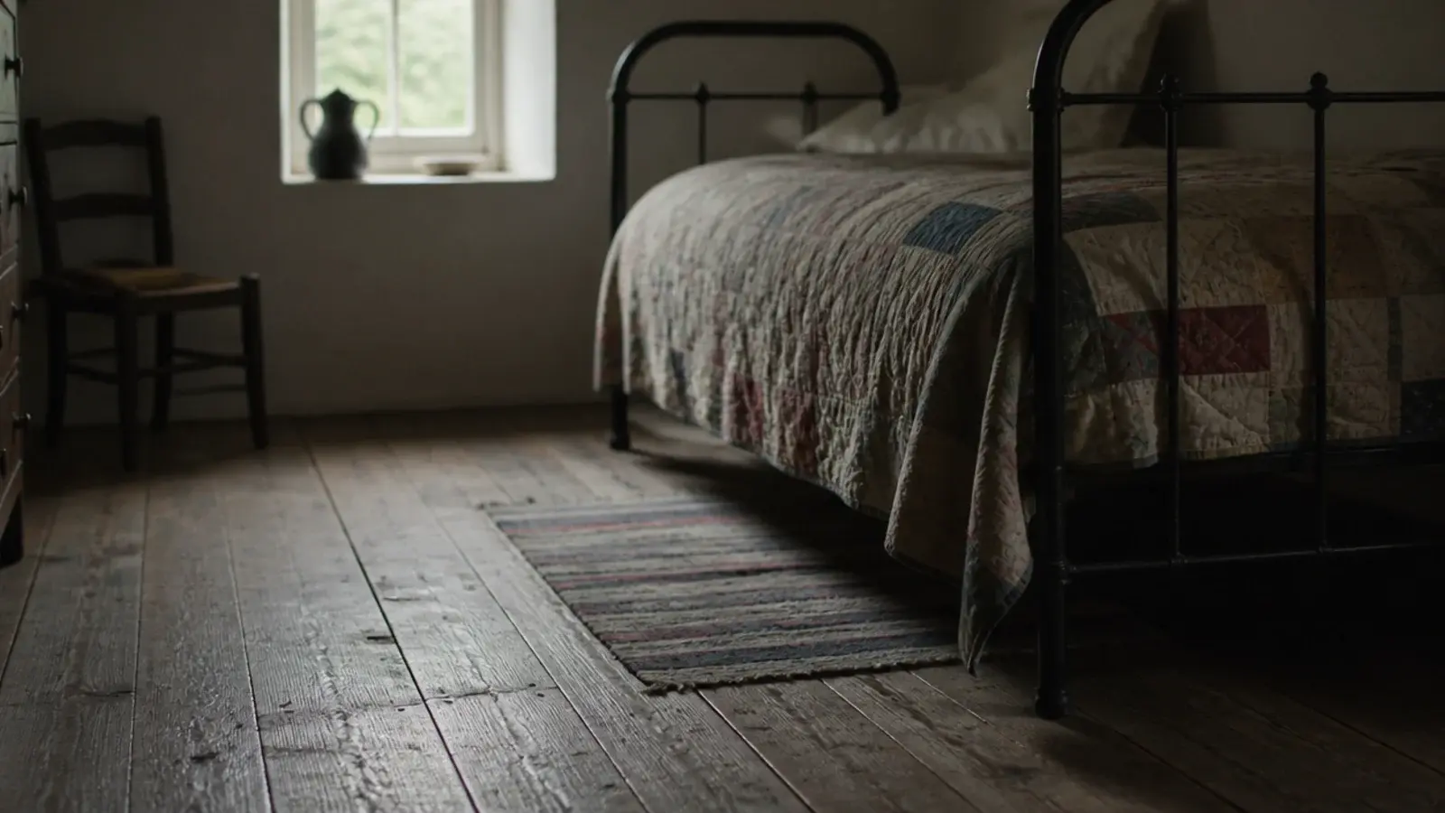wide reclaimed pine boards beneath a black iron bedstead and quilt
