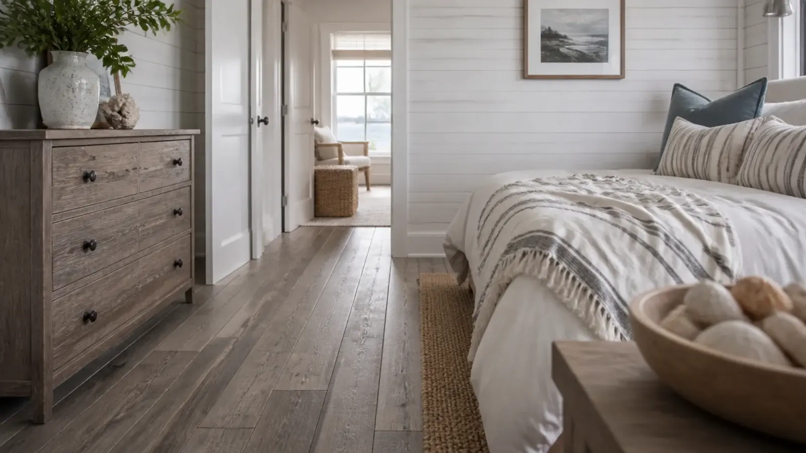 driftwood grey planks in a coastal bedroom with whitewashed walls