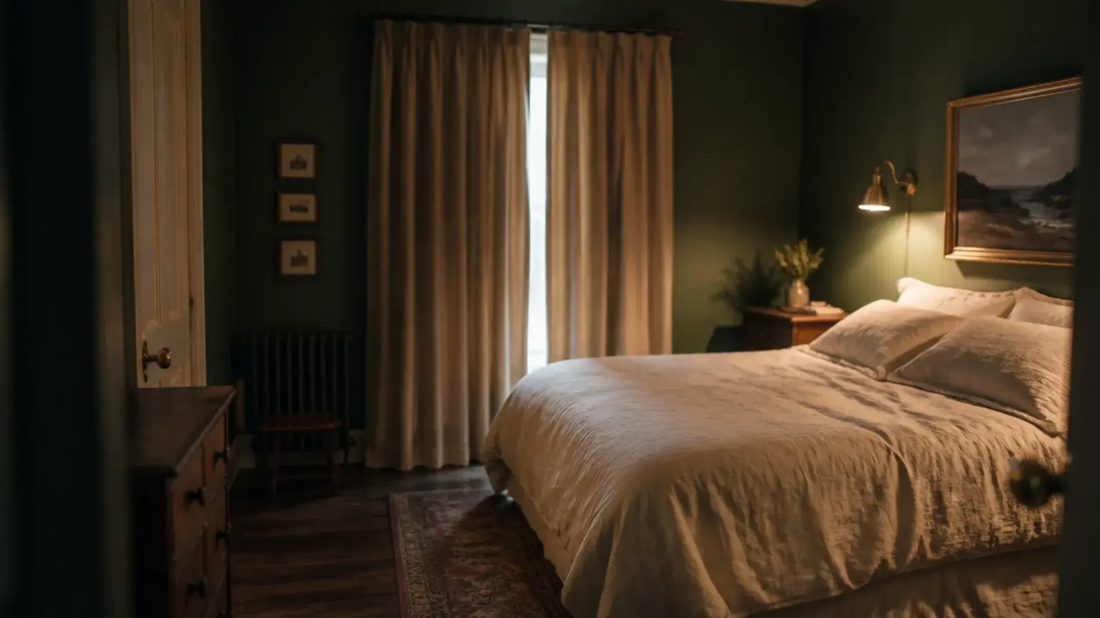 dark walnut floorboards below deep green painted bedroom walls
