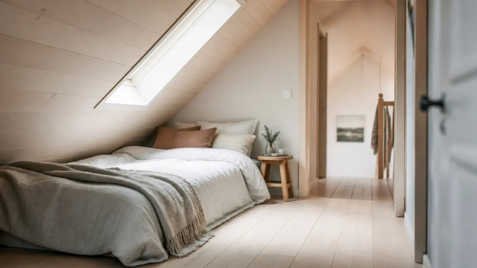 pale timber boards running beneath a sloping attic bedroom ceiling