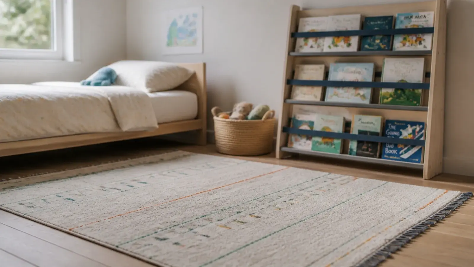 washable cotton rug over timber boards in a small child bedroom