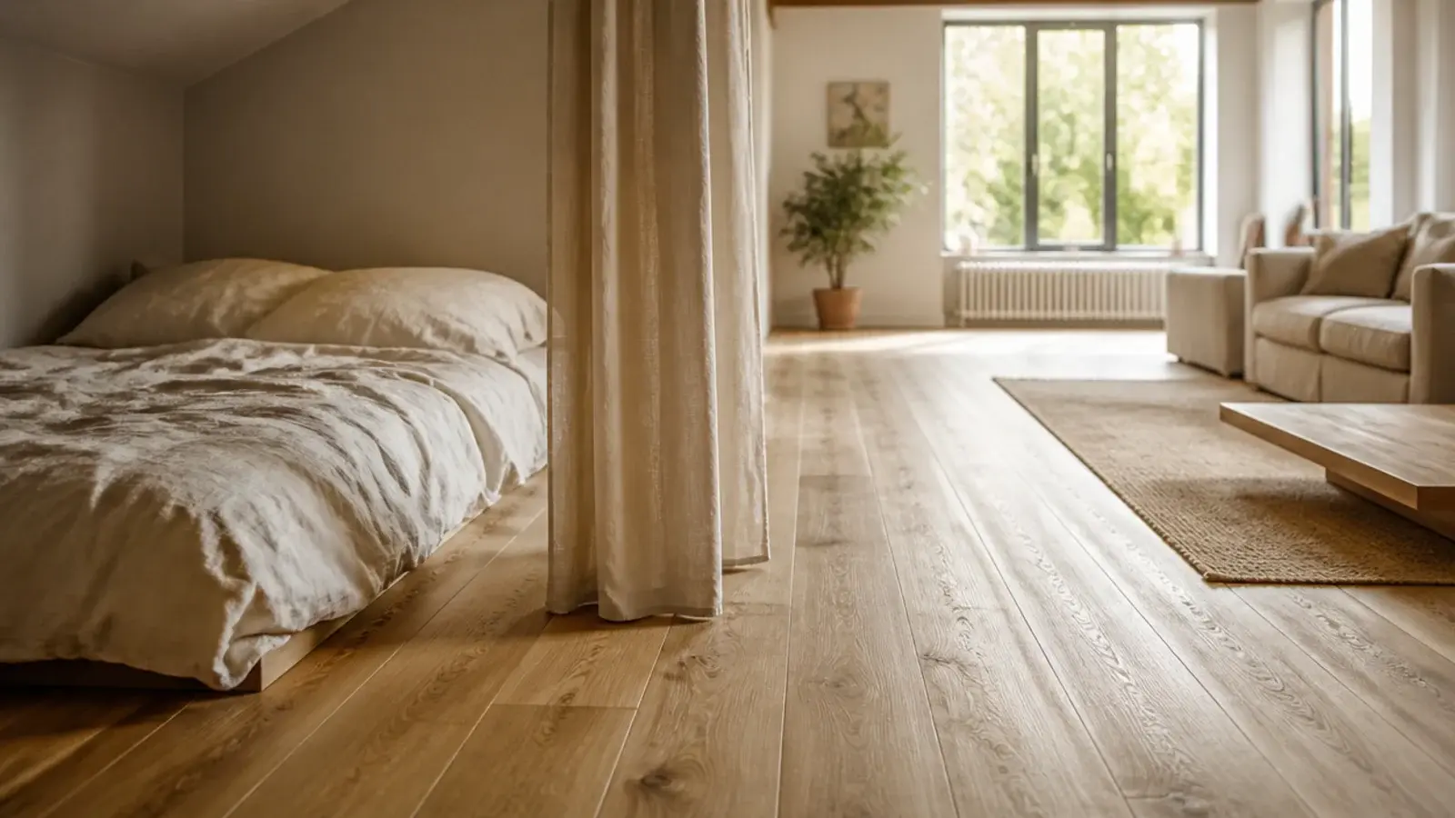 continuous boards running from a loft sleeping area to a living space