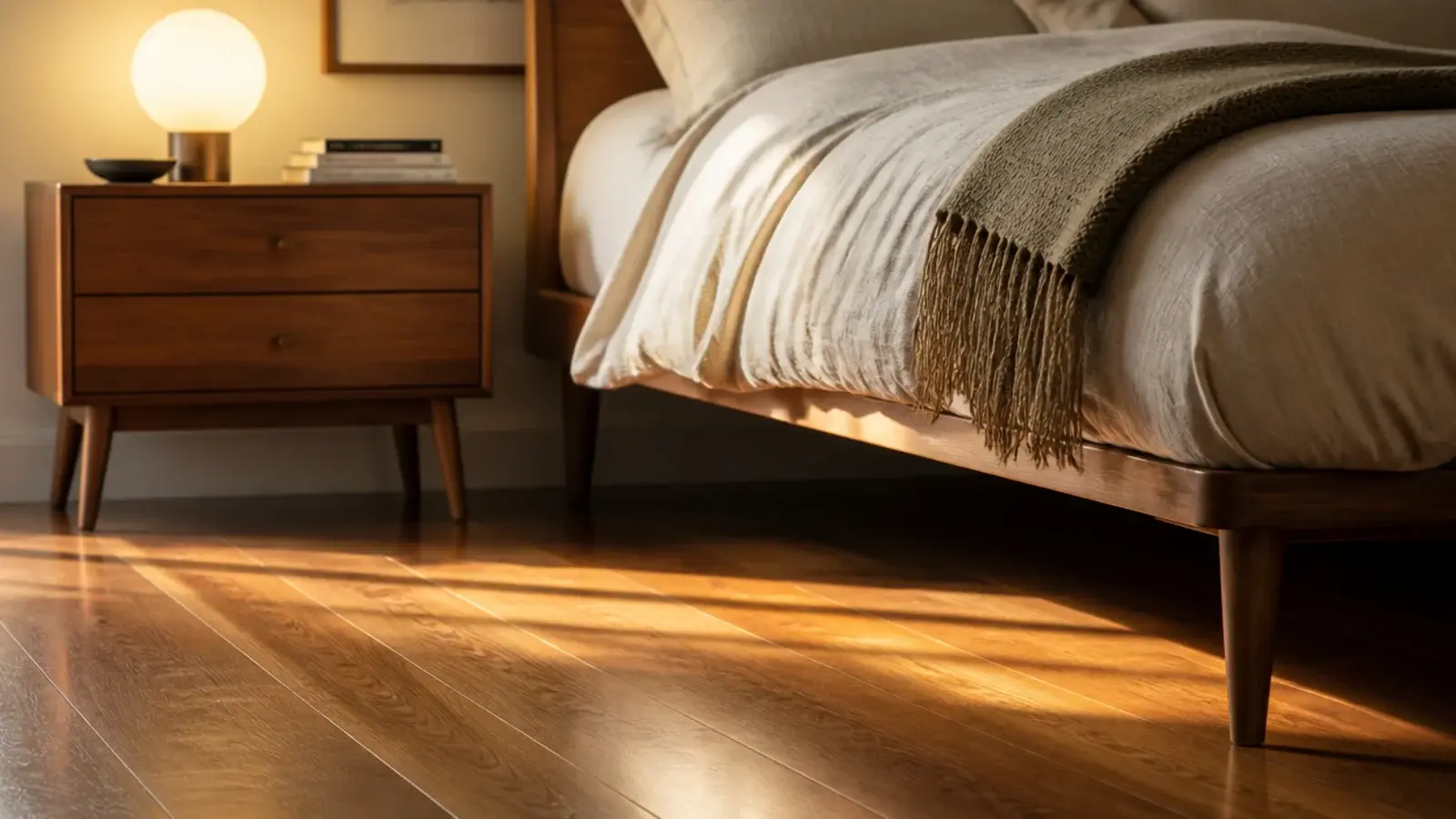 warm teak toned boards beneath a low bed with tapered wooden legs