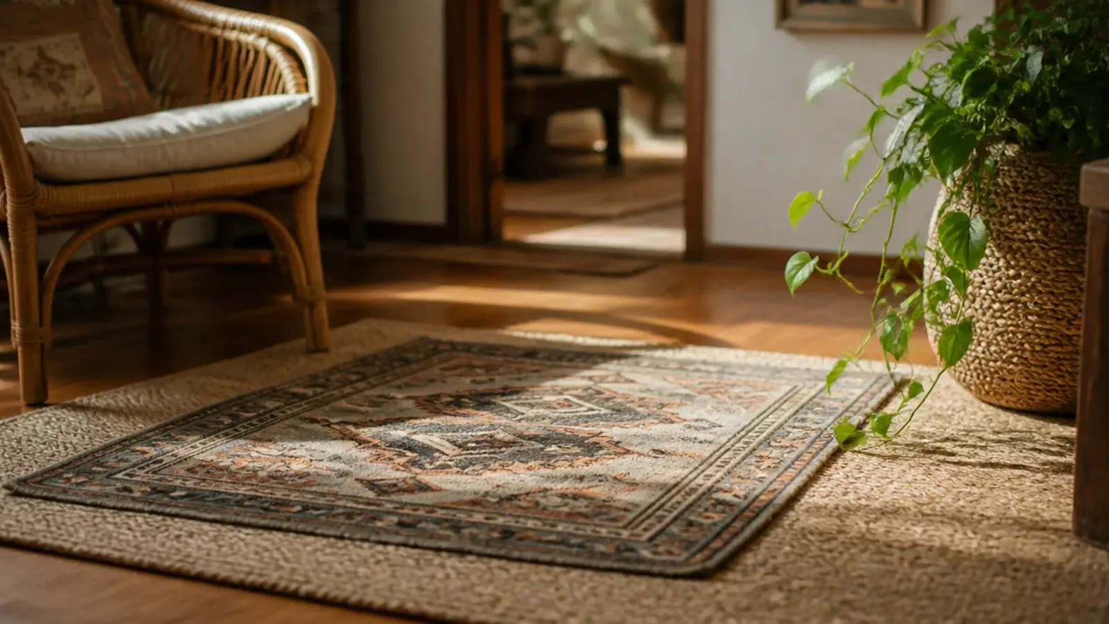 small patterned rug layered over a larger flatweave on timber boards