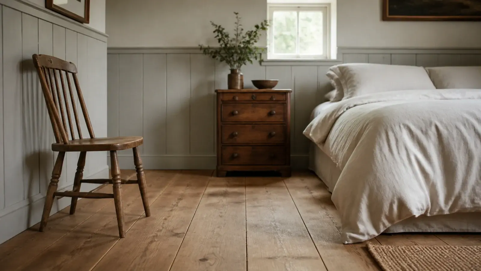 wide plank floor meeting simple painted wall panelling in a bedroom