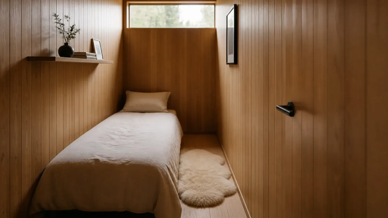 narrow strip boards in a tiny bedroom with one sheepskin at the bedside