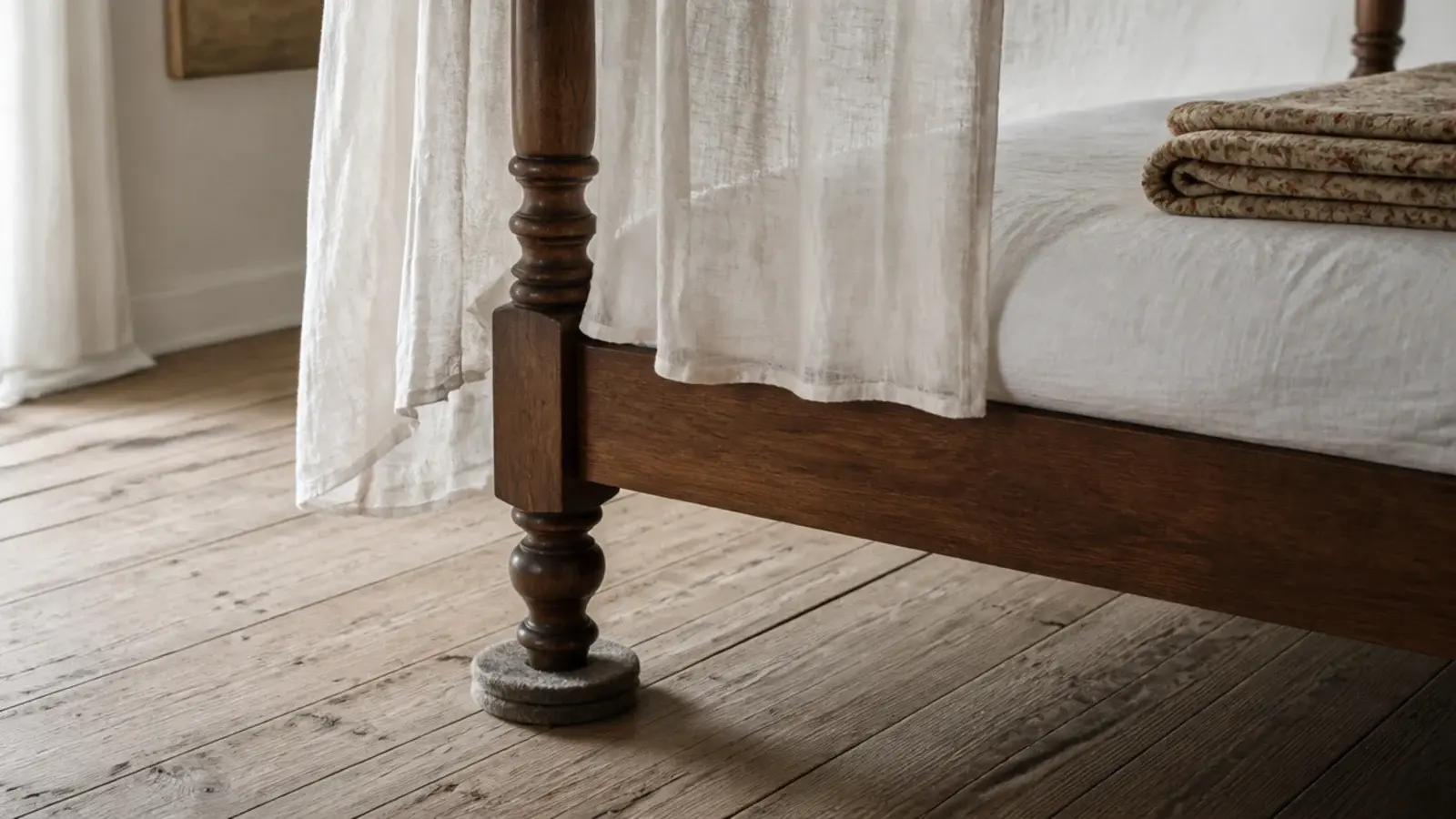 four poster bed foot standing on a felt pad over timber boards
