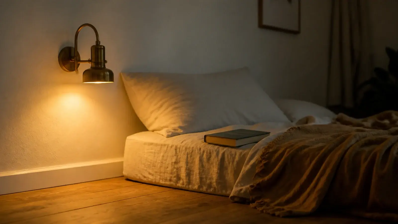 brass wall sconce beside a bed with no lamp or table below it