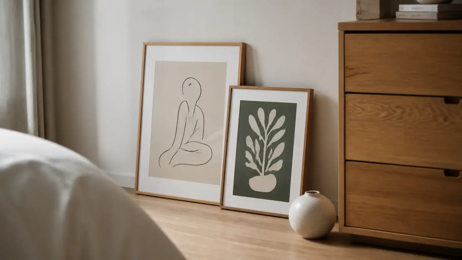framed prints leaning on floorboards against a bedroom wall