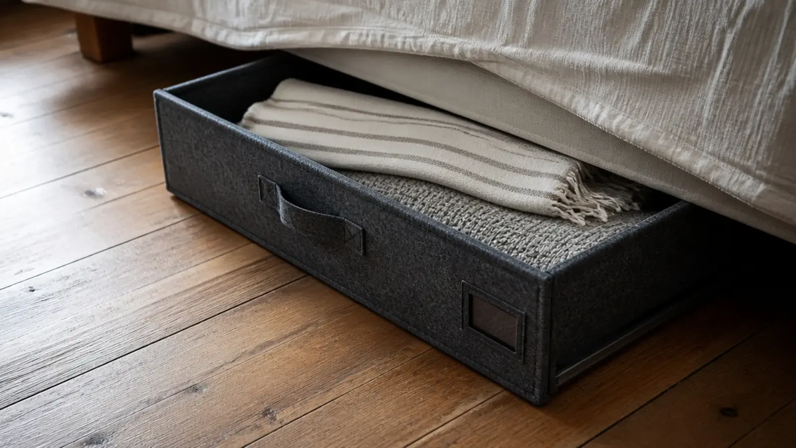 felt based storage drawer sliding out from under a bed on boards