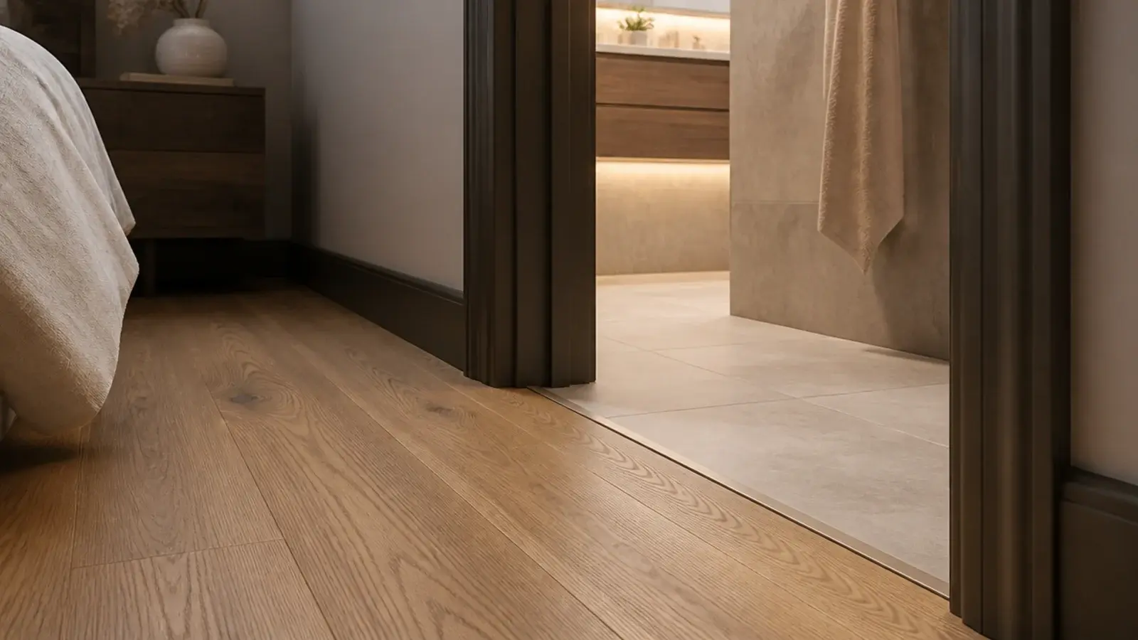 timber bedroom boards ending at a tiled ensuite threshold strip