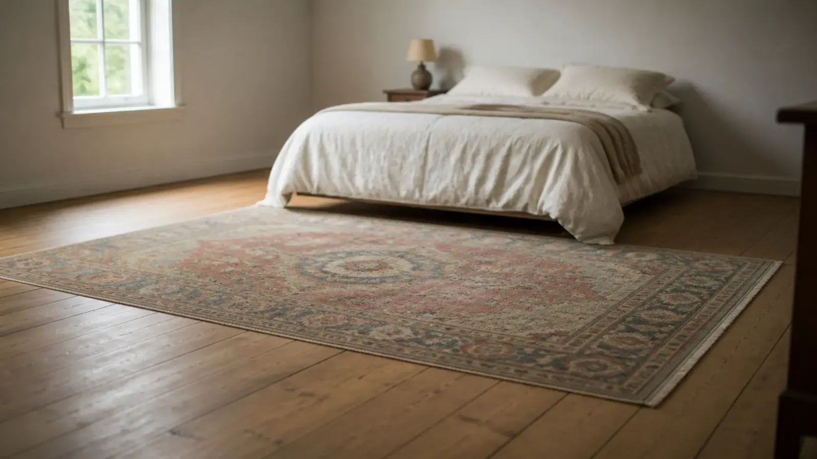 one faded patterned rug filling the centre of a plain timber bedroom