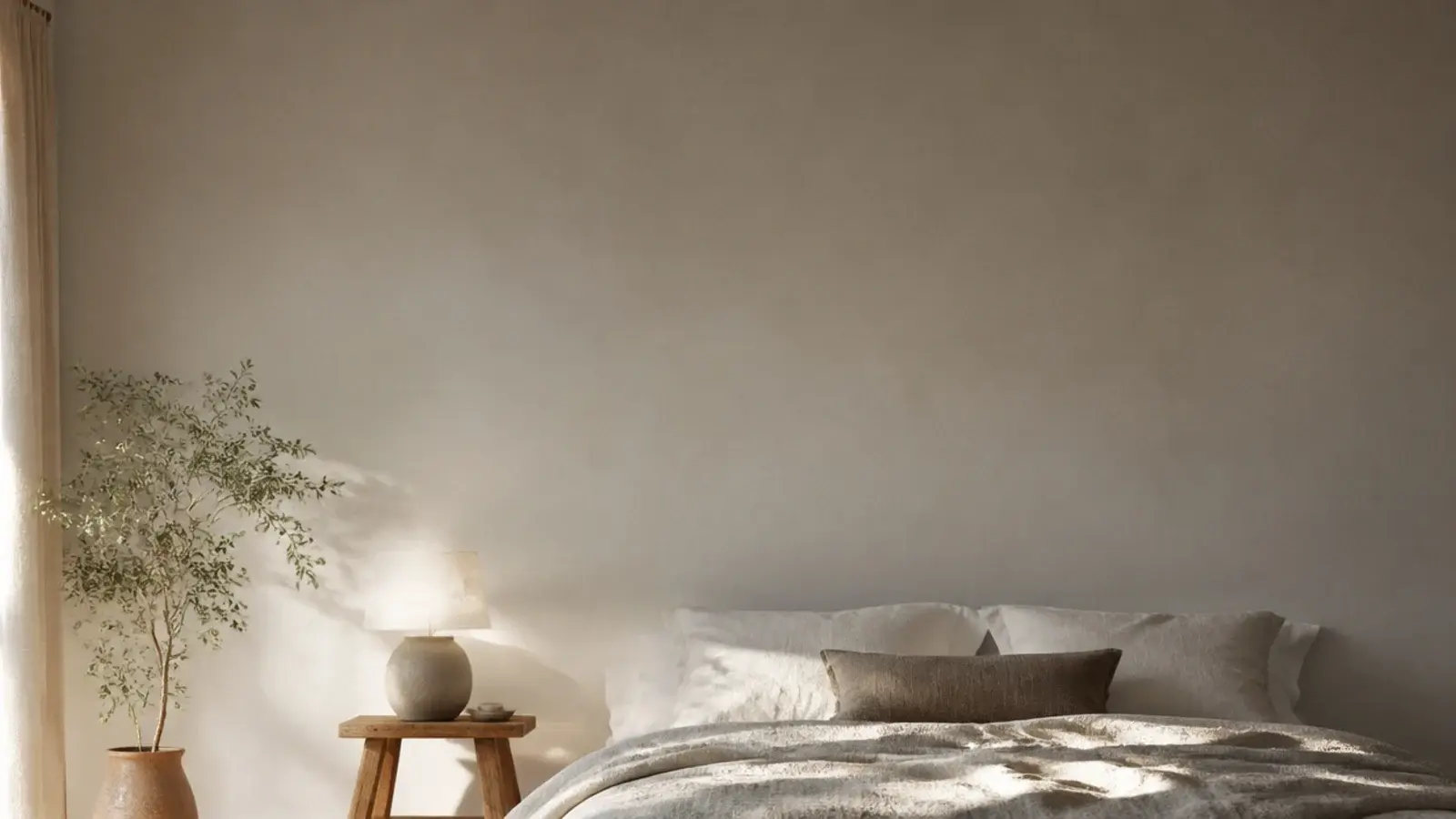 tall bedroom view with wooden flooring linen bedding and a wool rug