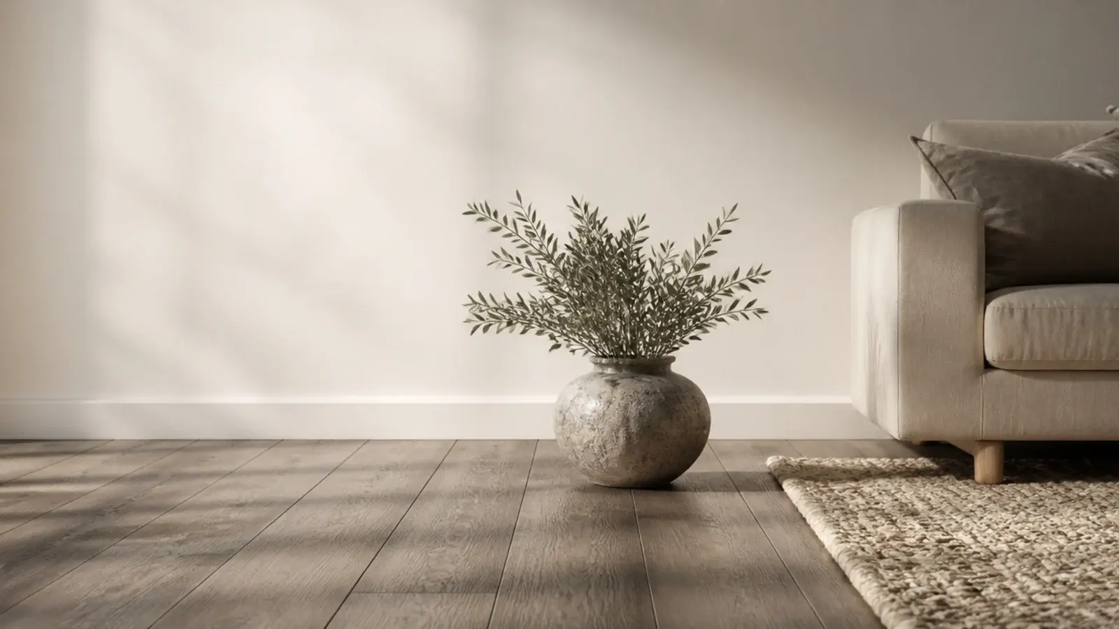 tall view of grey wooden flooring beside a wool rug and pale sofa