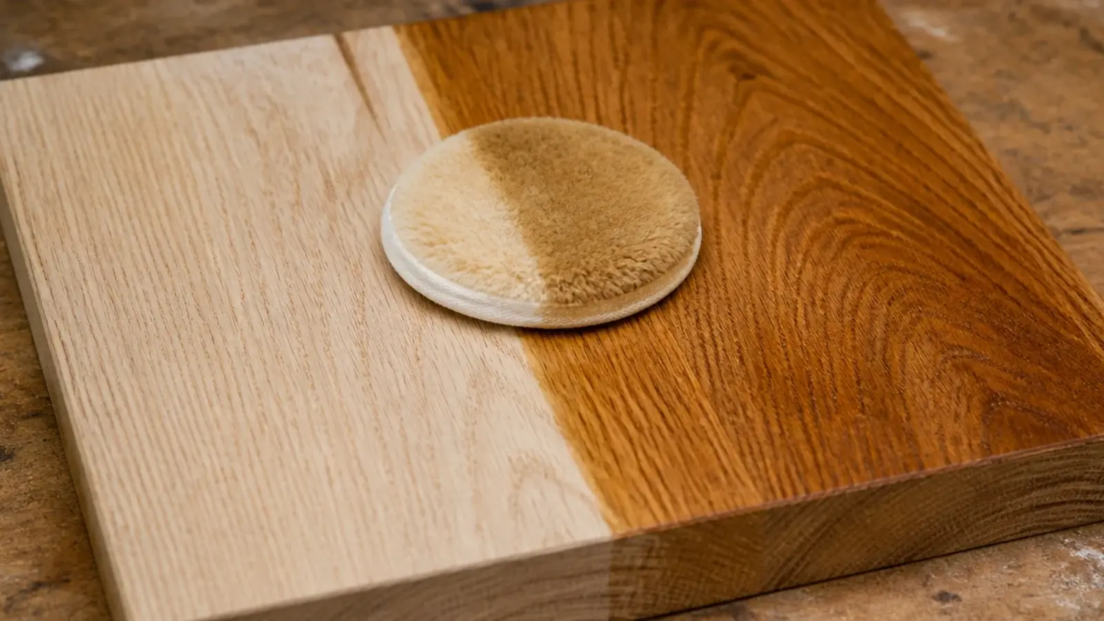 oak board part finished showing raw timber against a fresh oiled half