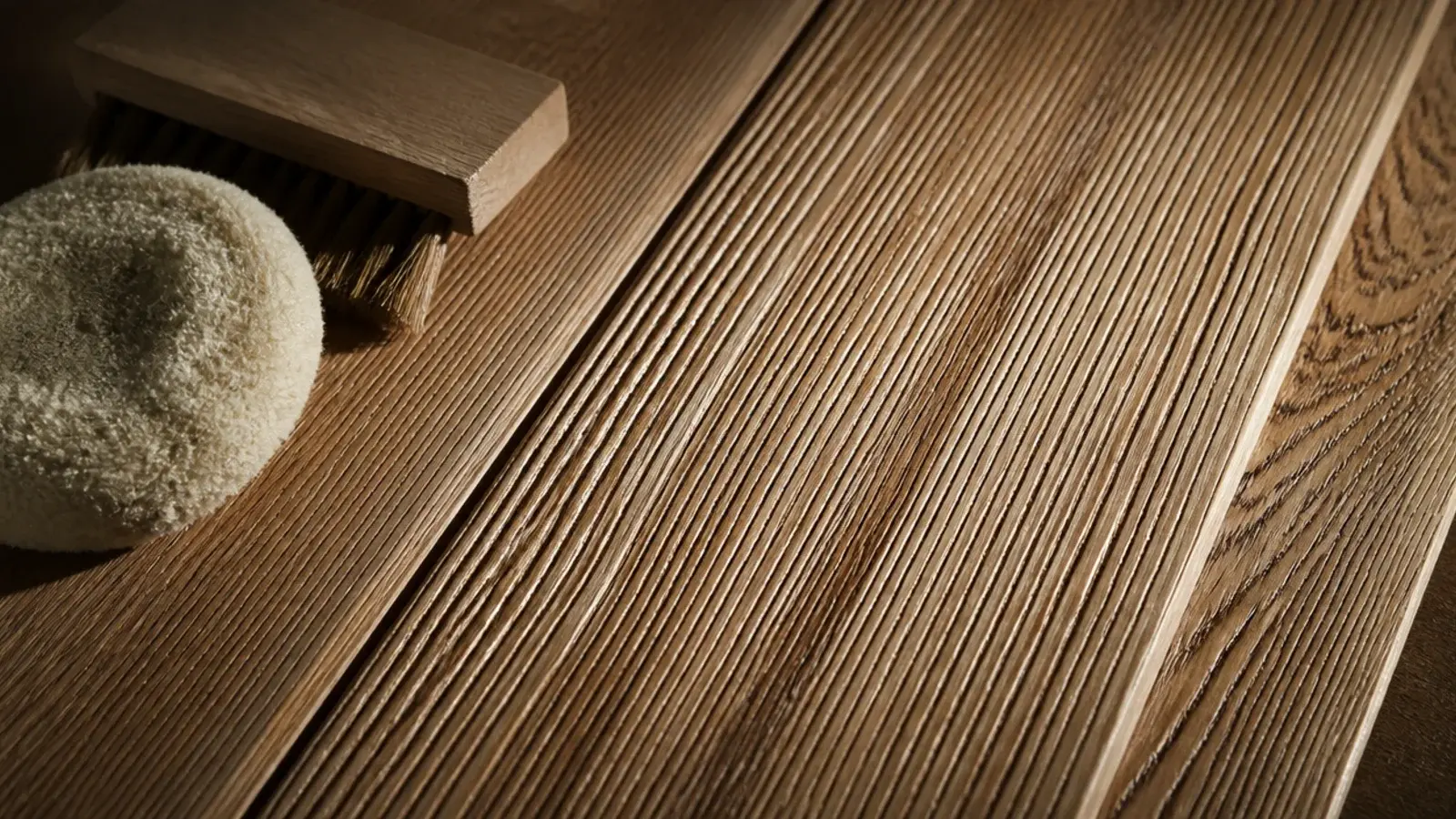 brushed oak with pigment settled into the open grain grooves