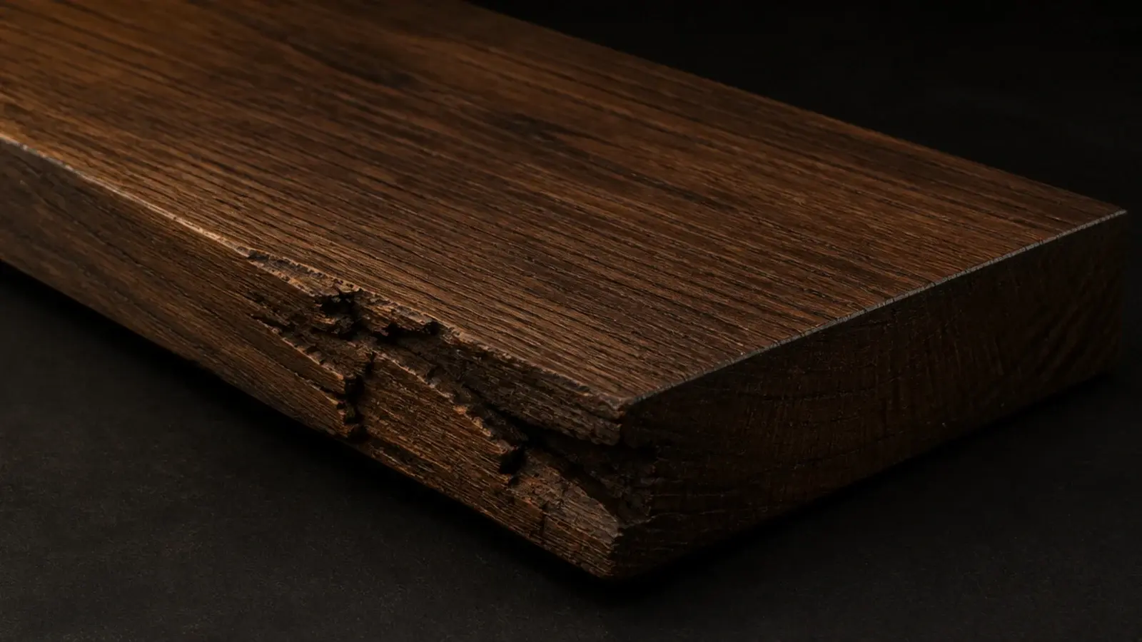 fumed oak board with a chipped edge showing colour carried right through