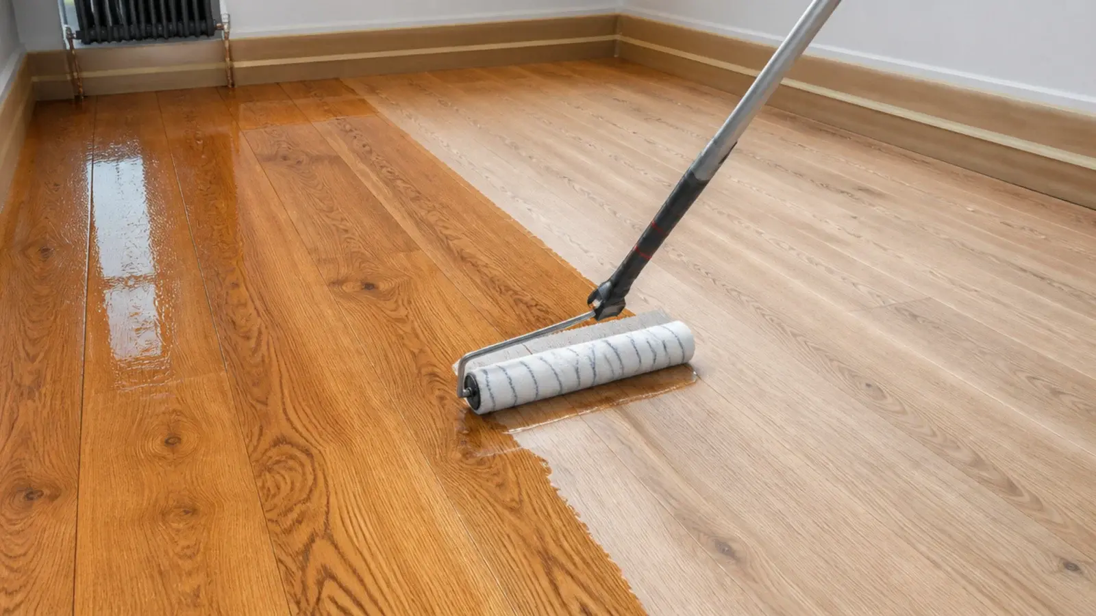 roller laying a water based lacquer coat across sanded oak boards